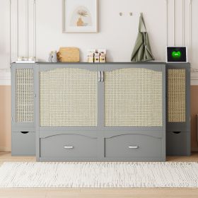 Queen Size Murphy Bed Wall Bed with Drawer and Rattan Decoration with 2 Storage Cabinets, One set of Sockets & USB Ports, Pulley Structure Design, Gra