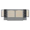 Queen Size Murphy Bed Wall Bed with Drawer and Rattan Decoration with 2 Storage Cabinets, One set of Sockets & USB Ports, Pulley Structure Design, Gra