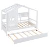 Wooden Twin Size House Bed With Trundle, Modern Design for Kids with Storage Shlef, White