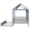 Full Size Wood House Bed With Twin Size Trundle, Wooden Daybed, Gray