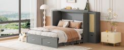 Queen Size Murphy Bed Wall Bed with Drawer and Rattan Decoration with 2 Storage Cabinets, One set of Sockets & USB Ports, Pulley Structure Design, Gra