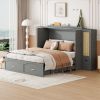 Queen Size Murphy Bed Wall Bed with Drawer and Rattan Decoration with 2 Storage Cabinets, One set of Sockets & USB Ports, Pulley Structure Design, Gra