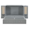 Queen Size Murphy Bed Wall Bed with Drawer and Rattan Decoration with 2 Storage Cabinets, One set of Sockets & USB Ports, Pulley Structure Design, Gra