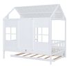 Full Size Wood House Bed With Twin Size Trundle, Wooden Daybed, White