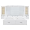 Queen Size Murphy Bed Wall Bed with Drawer and Rattan Decoration with 2 Storage Cabinets, One set of Sockets & USB Ports, Pulley Structure Design, Whi