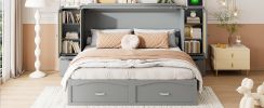 Queen Size Murphy Bed Wall Bed with Drawer and Rattan Decoration with 2 Storage Cabinets, One set of Sockets & USB Ports, Pulley Structure Design, Gra