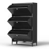 3 Drawer All Steel Shoe Cabinet, Freestanding Shoe Rack Storage Organizer with Flip Door, Modern Tipping Bucket Shoe Cabinet for Entryway, Hallway, Be