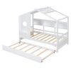 Wooden Twin Size House Bed With Trundle, Modern Design for Kids with Storage Shlef, White