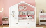 Wooden Twin Size House Bed With Trundle, Modern Design for Kids with Storage Shlef, White