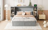 Queen Size Murphy Bed Wall Bed with Drawer and Rattan Decoration with 2 Storage Cabinets, One set of Sockets & USB Ports, Pulley Structure Design, Gra
